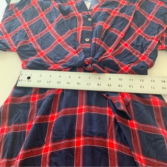 Navy Red Plaid Check Tie-Front Shirt Dress - Picture 7 of 12